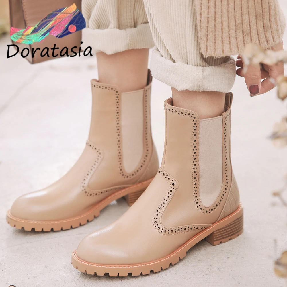 

DORATASIA Brand New Girls Fashion Elastic Band Ankle Boots Women Genuine Leather Boots Party Ol Chunky Heels Shoes Woman