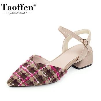

TAOFFEN Plus Size 31-48 2020 New Women Sandals Buckle Strap Pattern Shoes Women Square Heel Pointed Toe Casual Mujer Footwear
