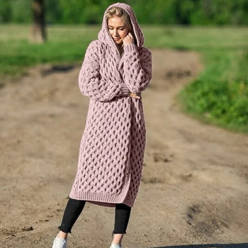 Розовый CHANWELL женский длинный свитер пальто винтажные толстовки с длинными рукавами зимние женские пальто плюс размер с капюшоном Женская одежда оверсайз - Цвет: Розовый