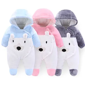 

Newborn Baby Girl Boy Solid Cartoon Bear Velvet Hooded Jumpsuit Romper Clothes Outfit Winter Autumn Infant Clothing