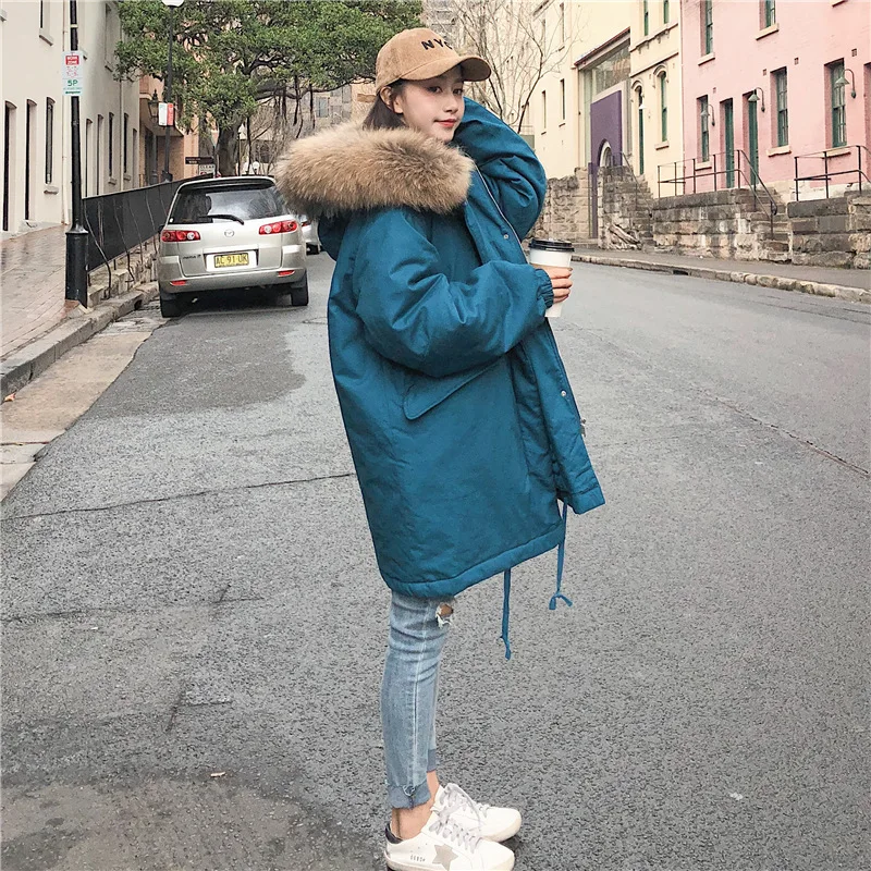 

ACZ Three-Color Cotton Overcoat 19 Autumn And Winter Korean-style Women's Loose And Plus-sized Thick Hooded Large Fur Collar Cot