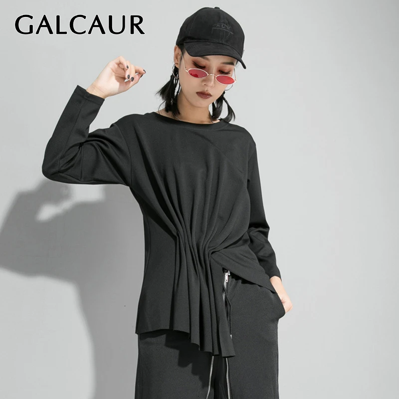GALCAUR Streetwear Style Ruched Female T Shirts O Neck Long Sleeve Irregular Autumn Asymmetrical T-shirt Women Fashion 2020 New | Женская