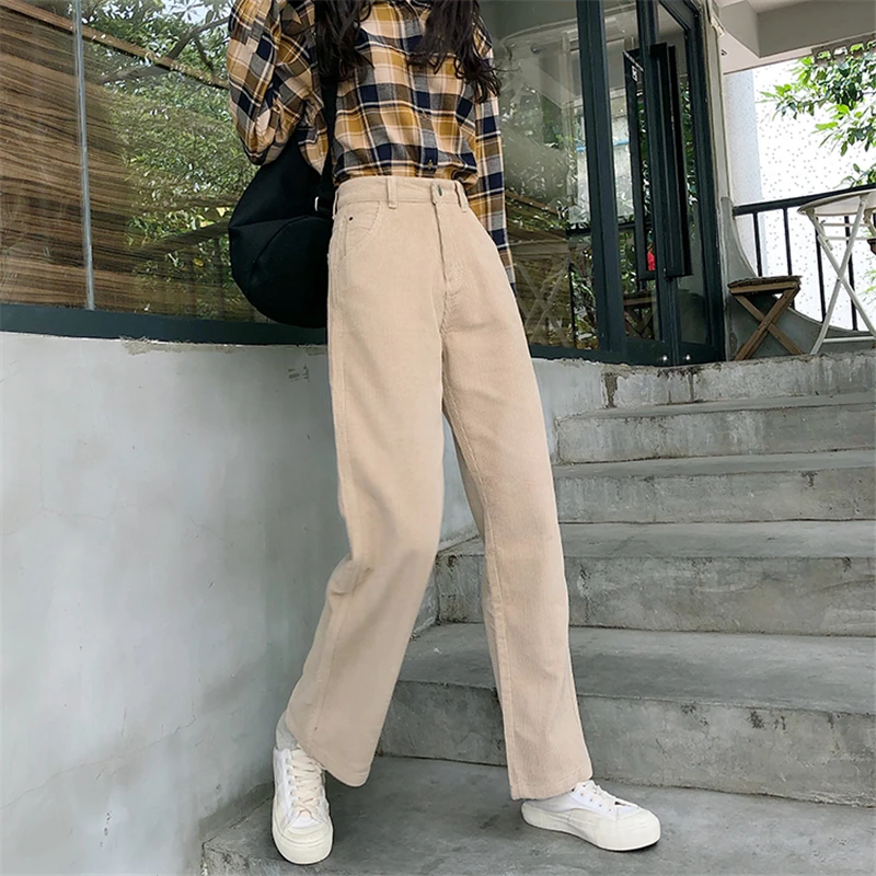 BGTEEVER Vintage High Waist Straight Pants Women Casual Winter Corduroy Pants Female Wide Leg Trousers Women pantalon femme