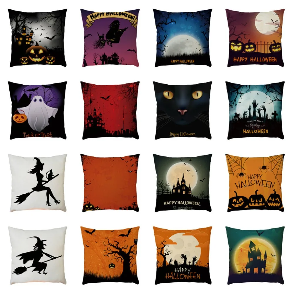 Square Horror Halloween Cushion Cover Linen Cotton Pillowcase Witch Pumpkin Castle Throw Waist Pillow Covers Home Decor Q3