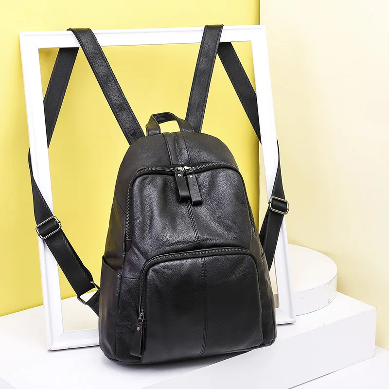 women's genuine leather backpack women casual black backpacks for travel luxury cowhide woman back pack bag female - Цвет: Черный