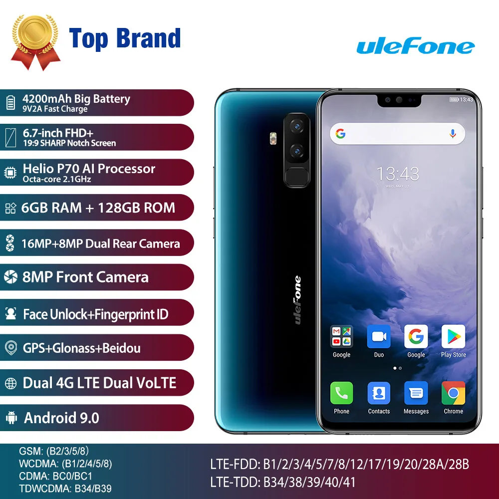 

Ulefone T2 4G Global Mobile Phone Android 9.0 6.7" 19:9 Helio P70 Octa-core 6GB+128GB Face ID NFC OTG Wireless Charge Smartphone