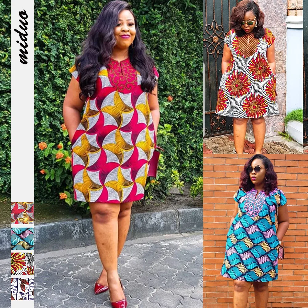 

Style Digital Printing Women's Casual V Stand Collar & Short Sleeve Summer Dress with Pockets on Both Sides