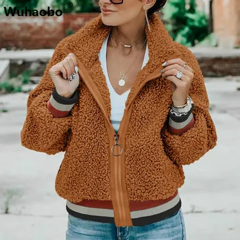 

Wuhaobo Casual Teddy Coat Patchwork Pockets Fleece Winter Faux Fur Coat Women Fluffy Jacket Overcoat Outwear