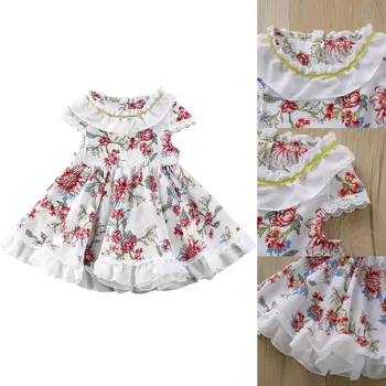 

Emmababy Summer Toddler Kid Baby Girl Floral Printed Dress Short Sleeve Lace Patchwork Tulle Tutu Princess Dress Outfit