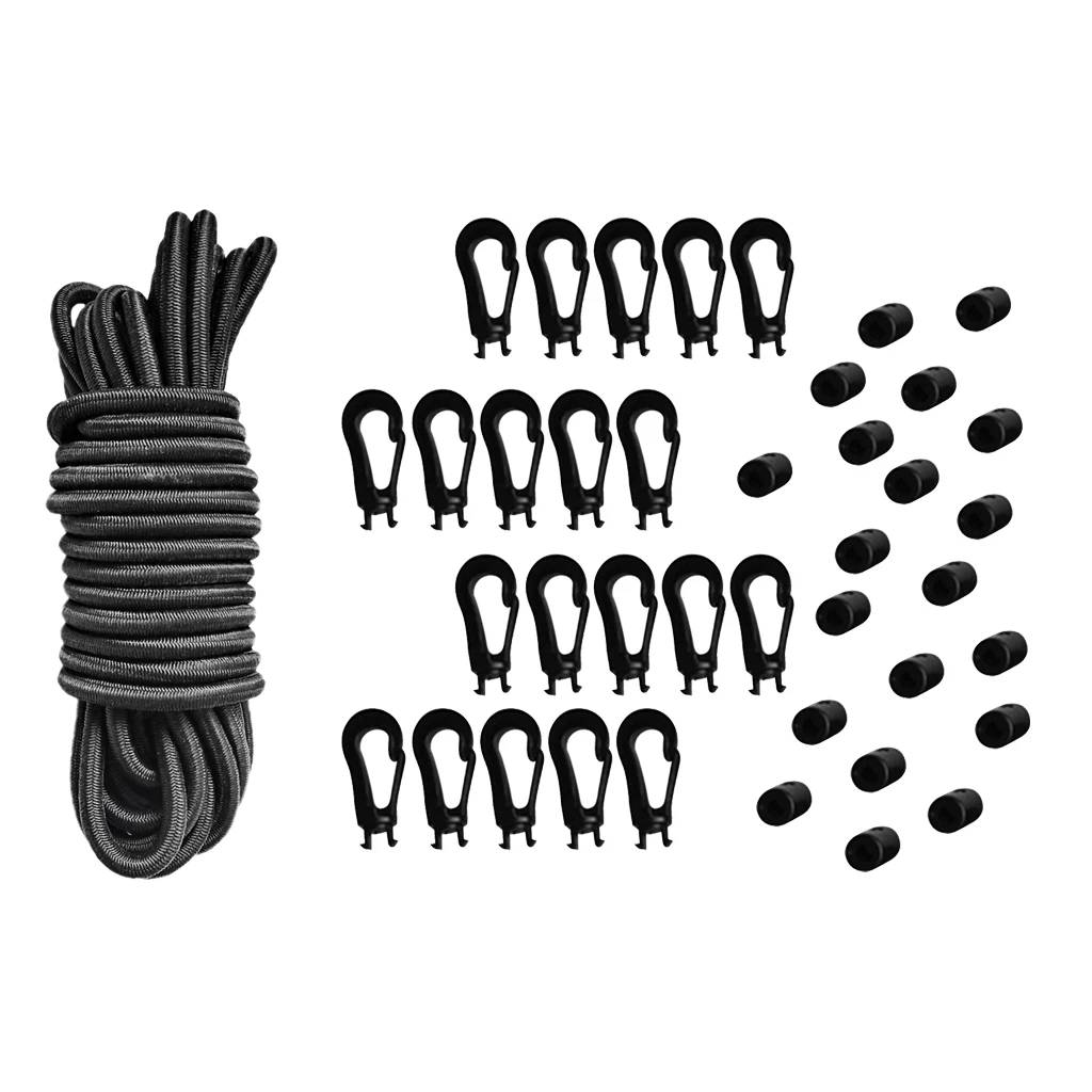 5m/16.4ft 4mm Elastic Bungee Rope Shock Cord Tie Down for Boats Trailers, Black, & 20 Pcs Hooks and 20 Pcs Ends