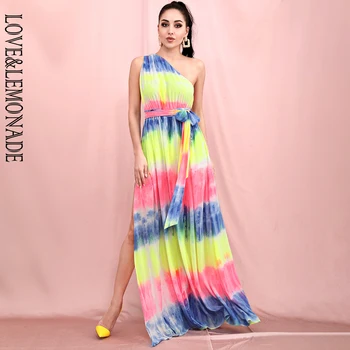 

LOVE & LEMONADE Sexy Sloping Shoulders Whit Split Color Tie-Dye Chiffon Party Summer Maxi Dress （Whit Belt) LM80768B