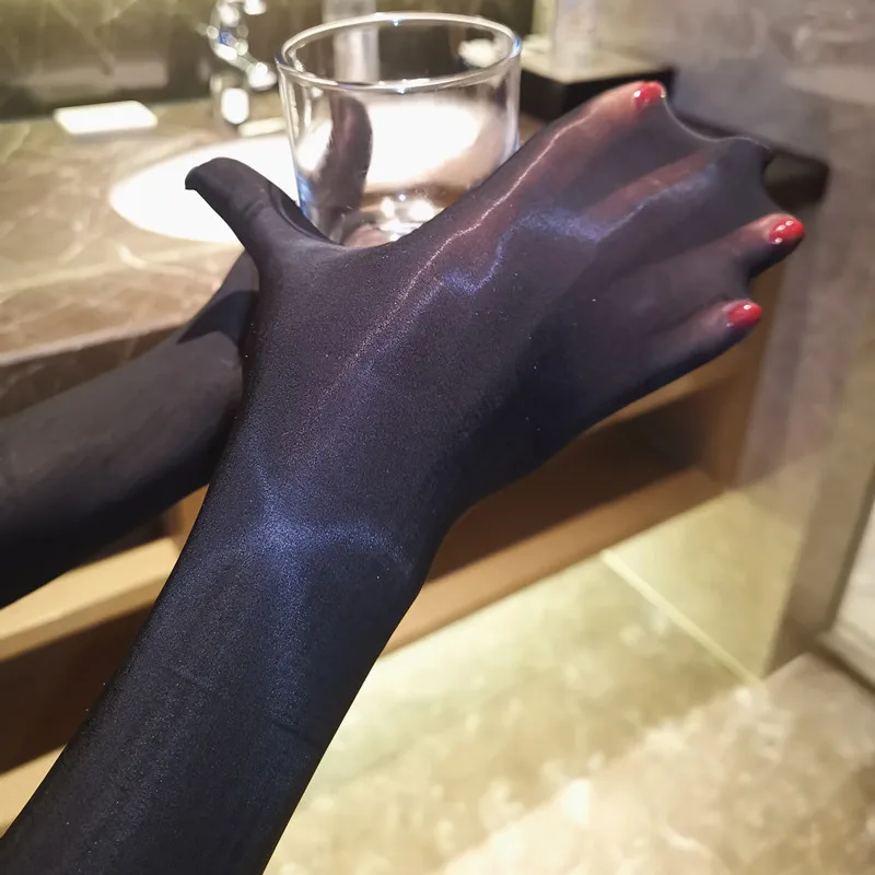 Сексуальная женская перчатка ярких цветов с длинными пальцами Прозрачная Кружевная бесшовная блестящая длинная перчатка колготки перчатки сценическая одежда для геев F12 - Цвет: Черный