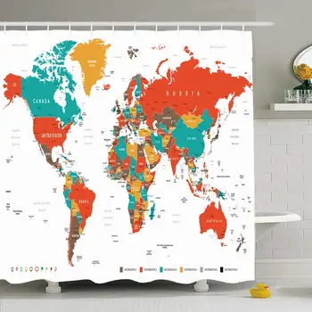 

Shower Curtain Set with Hooks 66x72 UK Green North Red France Yellow Brown World Map Germany Transportation Contours Business