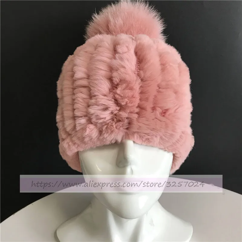 

Magicfur - Fur Hat Peach Pink Real Rex Rabbit Fur Knitted Hat W Soft Fox Fur Pom Ball Warm Winter Hat Warmer For Love