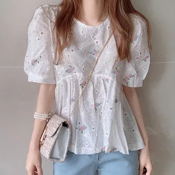 

COIGARSAM Embroidery blouse women Loose Puff Sleeve Hollow Out blusas womens tops and blouses 6506
