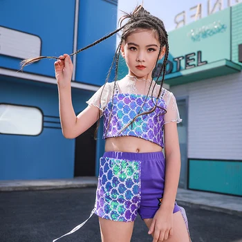 

2020 Trend Girls Jazz Dance Outfit Hip Hop Clothes Sequins Crop Tops Shorts Children Festival Performance Costume Street Wear