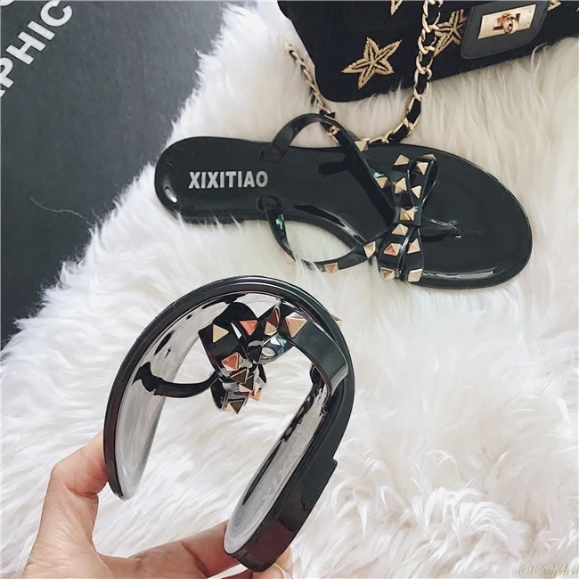 fashion women sandals flat jelly shoes bow V flip flops stud beach shoes summer rivets slippers Thong sandals nude