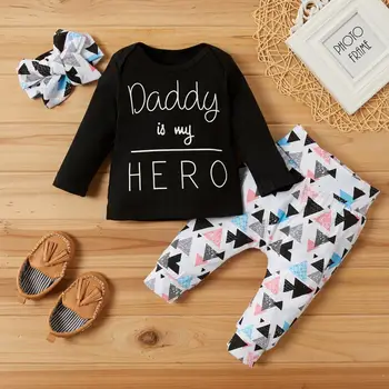 

PatPat 2020 New Spring and Autumn 3-piece Baby's Letter Top Geometric Pants and Headband for Baby Girl