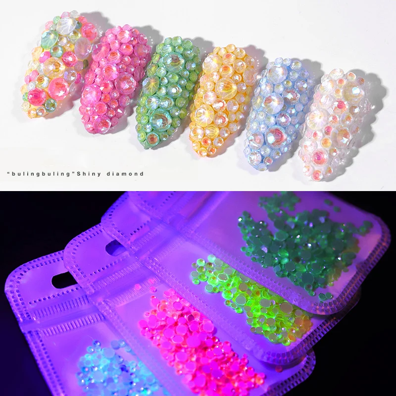 1 Pack Luminous Crystal Nail Art Rhinestone Colorful 3D Charm Jewelly Glow In The Dark Manicure Decorations