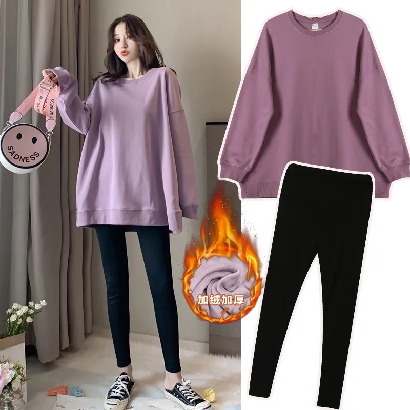 

Brushed And Thick Loose Tops Mid-length Fashion Mom Network Red Hot Mama Hoodie Suit Fashion Casual Two-Piece Set