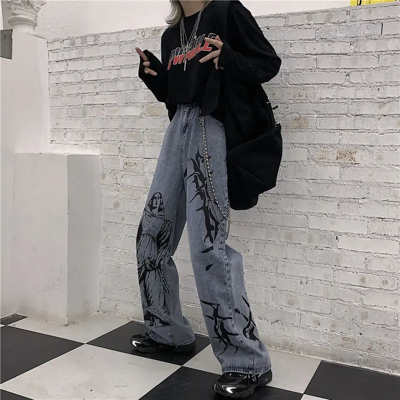 jeans pant Harajuku Women Jeans Pants Streetwear Printed Hippie Denim Pant  Korean Wide Leg Pants Vintage Loose Trousers Streetwear Woman ripped jeans