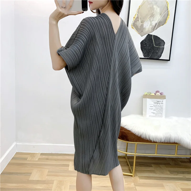 MIYAKE плиссированное платье с v-образным вырезом длинное плиссированное платье es Свободная Женская одежда большого размера