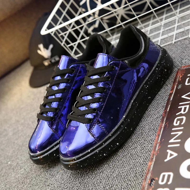 Sooneeya High Top Patent Leather Casual Shoes Men Glitter Luxury Boots Male Driving Shoes Brand Designer Bling Leather Shoes - Цвет: Blue-2