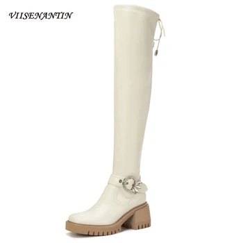 

Autumn Winter Thick High Heel Chunky Sole Belt Buckle Over-the-knee Knight Boots Women Platform Leather Metal Decoration Shoes