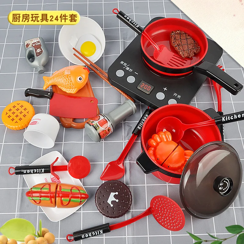 red 24pcs Детские Классические ролевые игрушки для дома, Кухонные Игрушки для моделирования, кухонные горшки, кухонная посуда, ролевые игры, игрушки для детей - Цвет: red 24pcs
