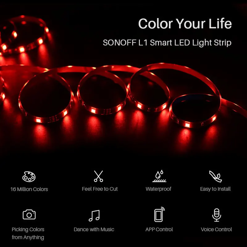 Умный светодиодный светильник Sonoff L1, совместимый с Alexa Google home eWeLink control, гибкие RGB световые полосы с регулируемой яркостью