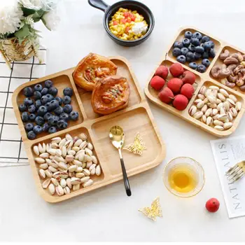 

4 Grids Bamboo Snack Plate Rectangle Snack Plate Fruit Bread Tray Dishes Organizer Rack Refreshment Plate Kitchen Party Supplies