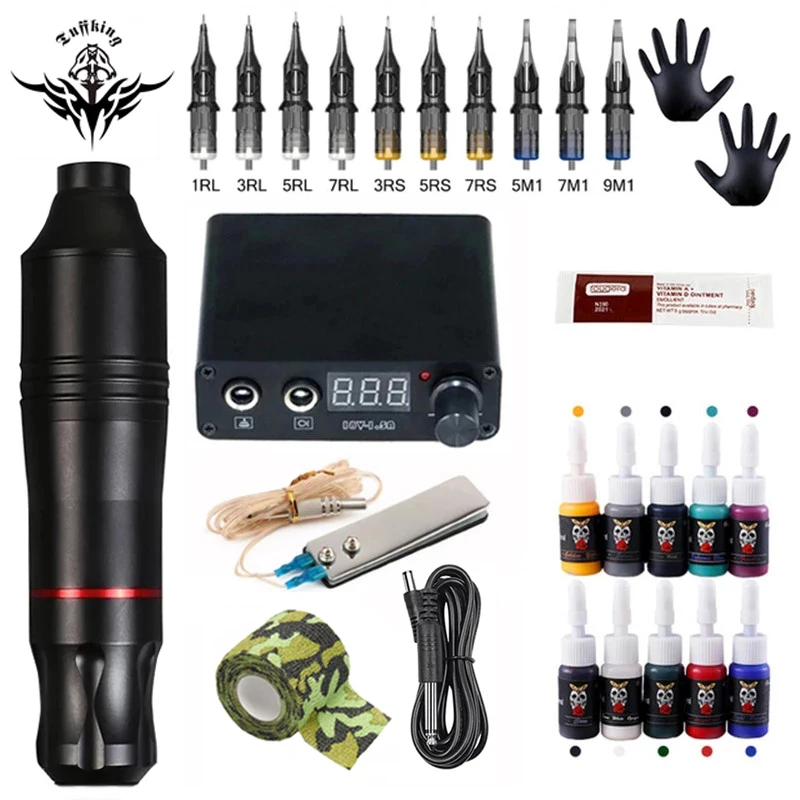 Kit completo de herramientas para tatuajes, fuente de alimentación para tatuajes, pluma rotativa con cartuchos de aguja, máquina de pluma de tatuaje para principiantes