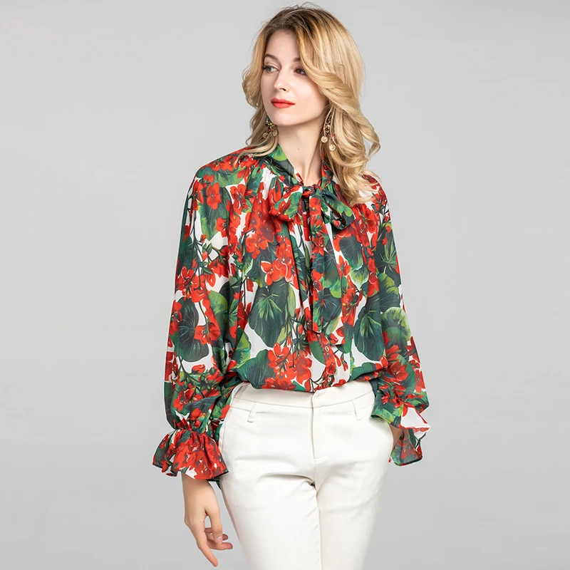 AELESEEN Runway Fashion Loose Blouse 2020 Spring Summer Elegant Bow Collar Red Floral Print Chiffon Women Shirt - 4.00067E+12