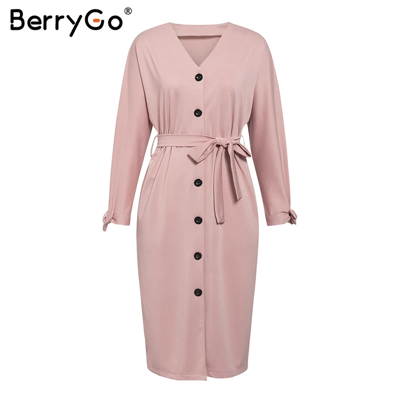 BerryGo элегантное однотонное длинное платье для женщин, Осеннее однобортное платье с поясом, рукав летучая мышь, женское платье, повседневные офисные платья с высокой талией - Цвет: Розовый