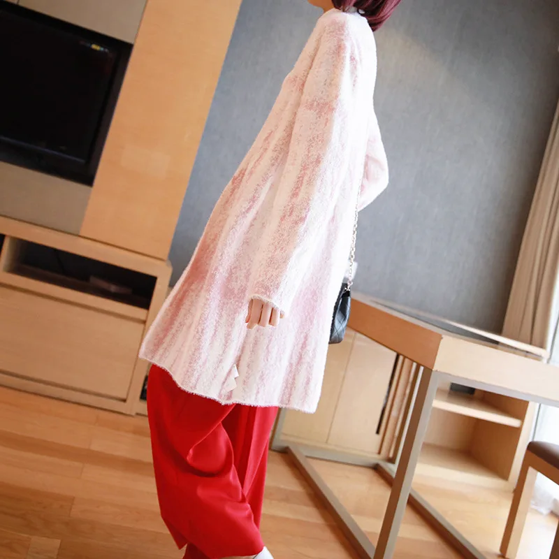 Korean Thickened Medium Long Knitted Cardigan New Women Fashion Loose Color Matching Sweater Coat Blouse Long Autumn Winter