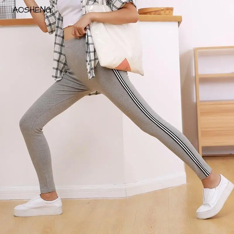 

[aosheng] M-3XL New Autumn Winter 2018 Fashion Contrast Color Striped Stitching Elastic High Waist Knitted Legging Women Y008