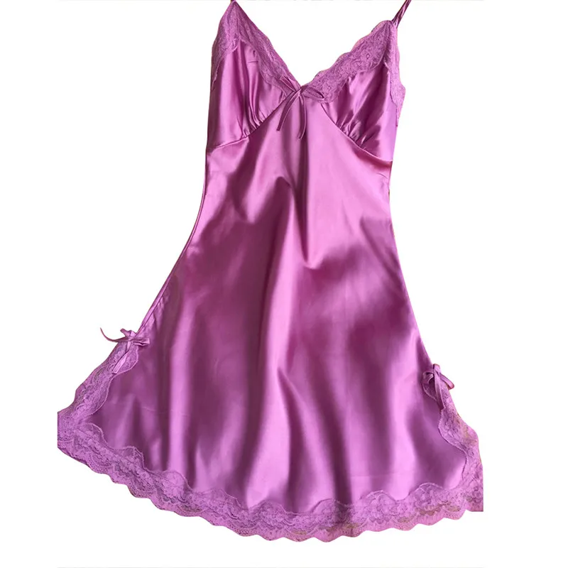 Light Purple Ночное платье женская ночная рубашка Дамская пикантный Шелковый Атласный без рукавов v-образная Пижама кружевная Пикардия Сексуальная mujer Rk - Цвет: Light Purple