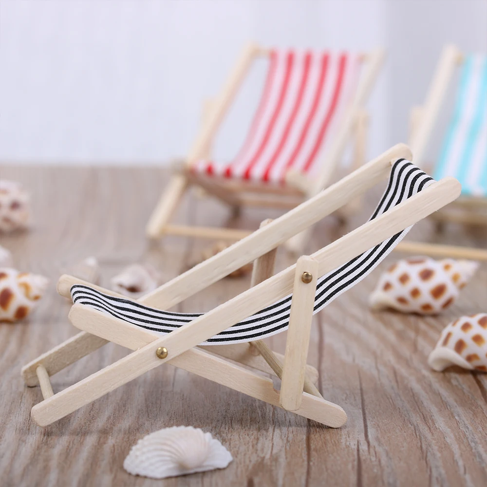 1PC Wooden Lounge Chair for 1/12 Dollhouse Miniature Furniture Folding Stripe Beach Chair Model Mini Home Desktop Decor miniature house kit miniature ornament desk decor miniature figurines wooden figurine crafts resin crafts glass fruit pendants