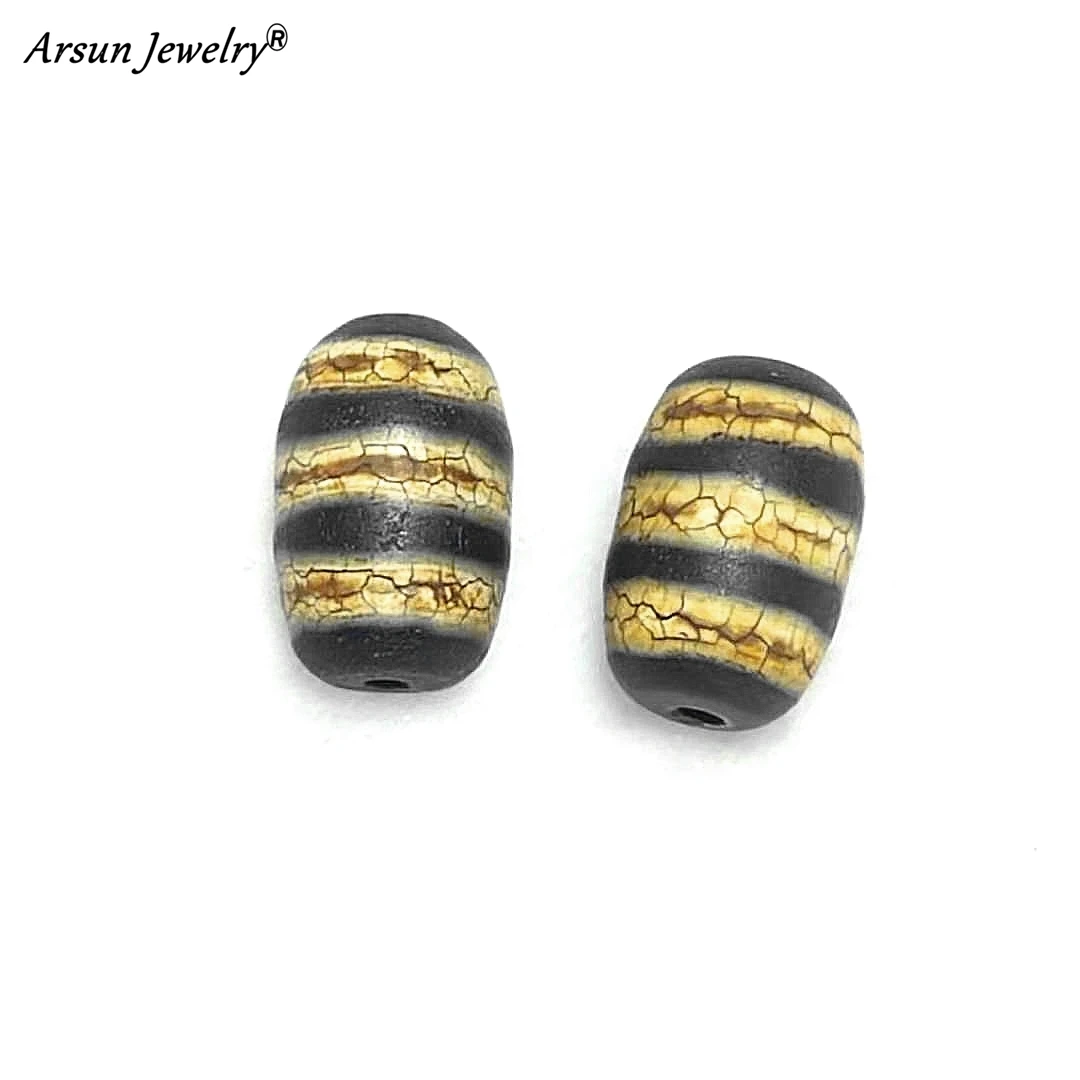 

2pcs/iot 8*12mm Cylindrical Agate Beads Tibet 3 Lines Totem Old Black/White DZI Beads Amulet Jewelry DIY Free Shipping