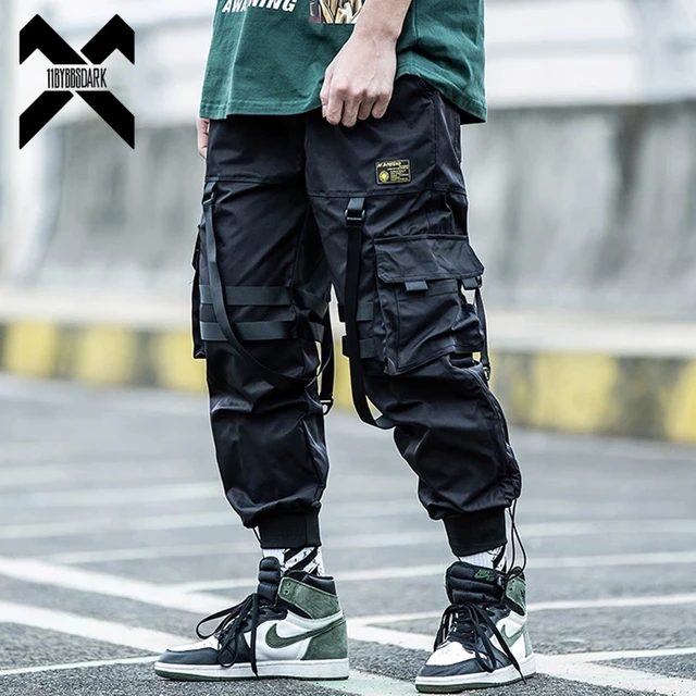 Tactical Cargo Pants Men Joggers Streetwear Ankle-length Pants Ribbons  Elastic Waist Black Pant Hip Hop