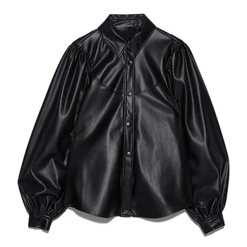 

2020 Spring fashion pu leather shirt women lantern sleeve lapel loose top blouse