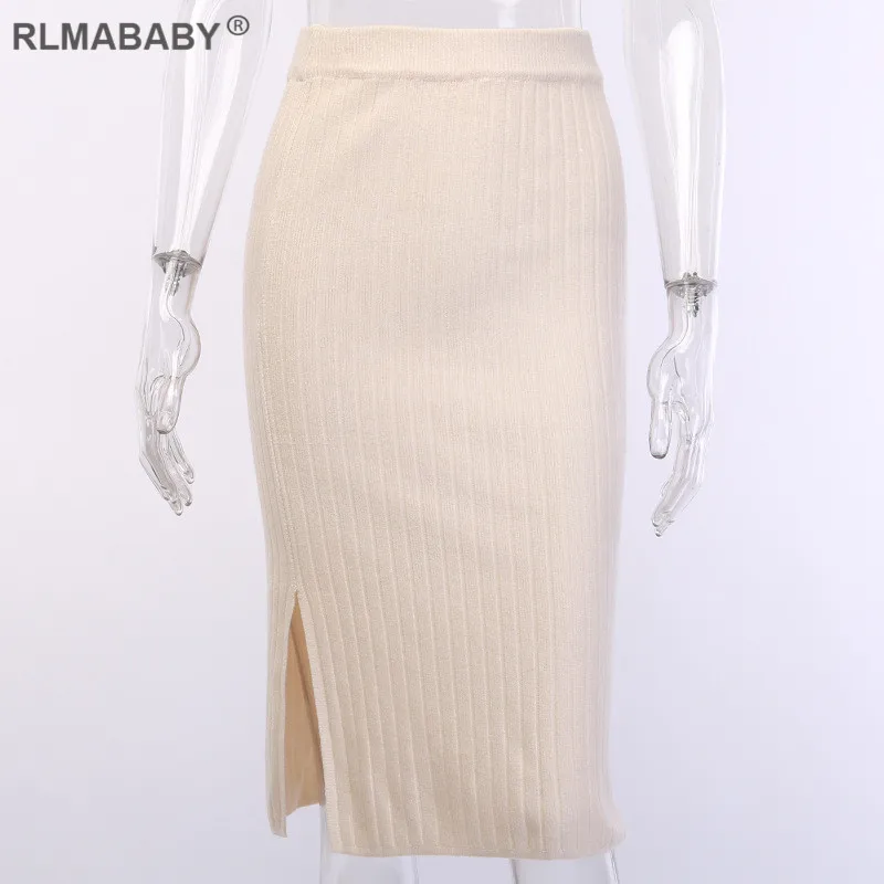 Beige White RLMABABY, Осень-зима, Женская юбка с разрезом, вязаные юбки с высокой талией в рубчик, повседневные уличные Юбки миди - Цвет: Beige White
