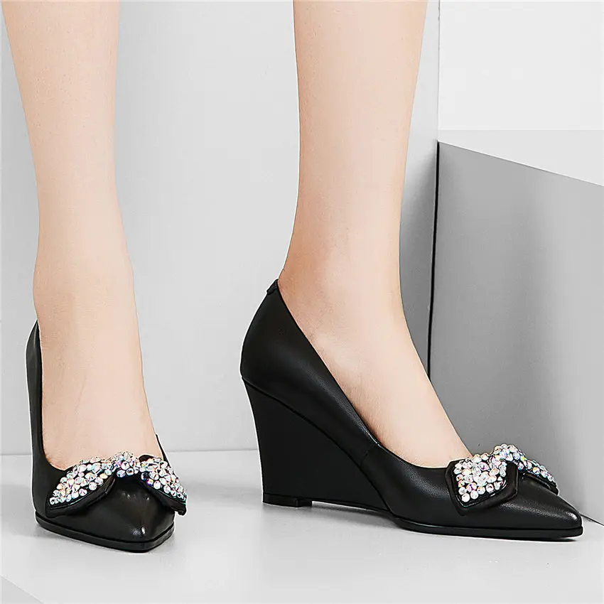Womens Genuine Leather Wedges High Heel Evening Party Pumps Slip On Pointed Toe Oxfords Low Top Wedding Mary Janes Casual Shoes