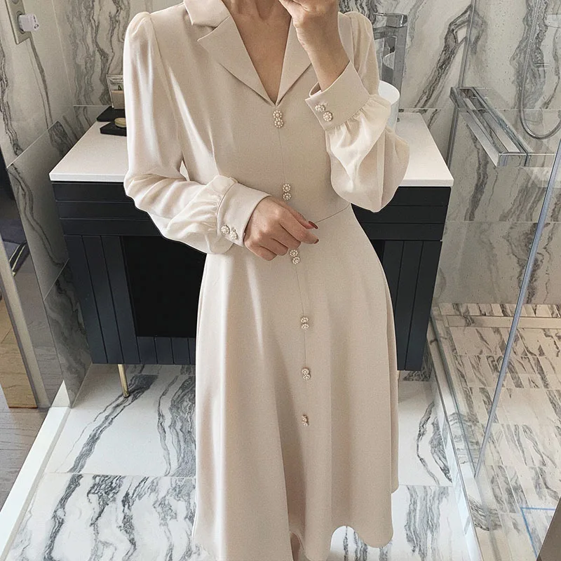 Kaufen Vintage Perle Taste Kleid Für Frauen V neck Chiffon Kleid 2019 Herbst Winter Elegante Lange Hülse Weiblich Partei Lange Kleid vestido