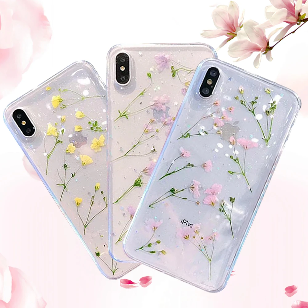 Прозрачный чехол для телефона с настоящими сушеными цветами iPhone 11 Pro XS Max XR 8 6 7