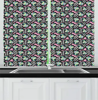 

Multicolor Modern Kitchen Curtains Houndstooth Pattern Vivid Color Tropical Plants Doodle Grunge Design for Summer Window Drape