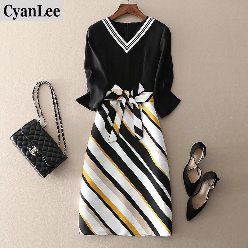 2020 New Women's Stripe Splicing Summer Dress Elegant Ladies Large Size 4XL Short Sleeve Fake Two Pieces Slim Chiffon Dresses 2020 New Women's Stripe Splicing Summer Dress Elegant Ladies Large Size 4XL Short Sleeve Fake Two Pieces Slim Chiffon Dresses
