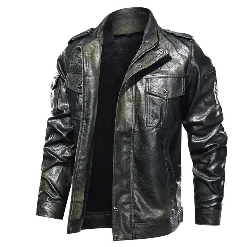 

New Autumn Winter Leather Jacket Men Stand Collar Motorcycle Washed Leather Jacket Mens Pu Coats Quality Leather Military Bomber