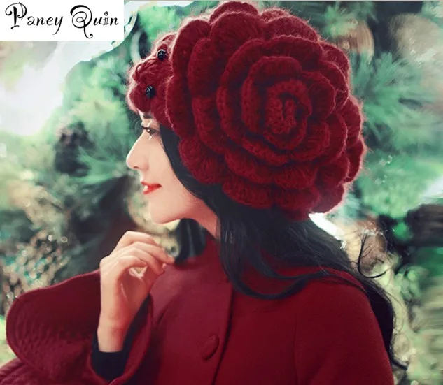 Милая женская зимняя шапка бини с большими цветами и бусинами, женские головные уборы, вязаные шапки, женские вязаные шапки gorros mujer invierno