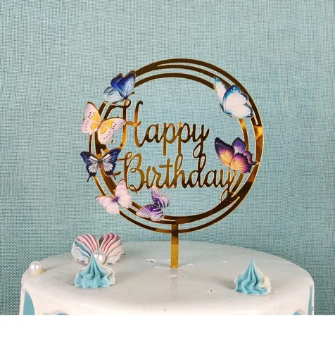 Flowers Happy Birthday Cake Topper Gold Colored Printing Acrylic Cake Topper For Kids Girls Birthday Party Cake Decorations